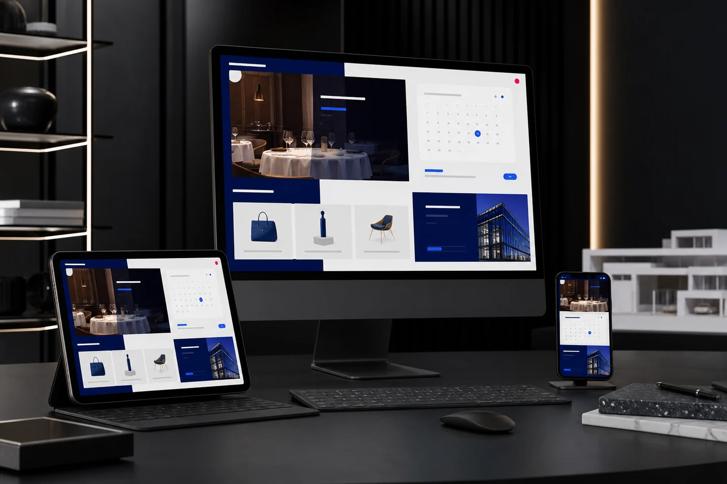 Sito responsive visualizzato su monitor, tablet e smartphone